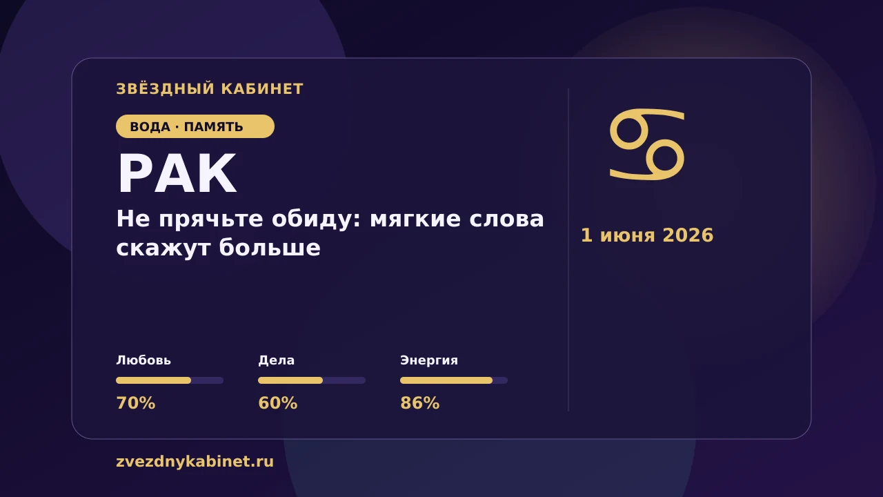 Рак, не прячьте обиду: мягкие слова скажут больше: гороскоп на 1 июня 2026